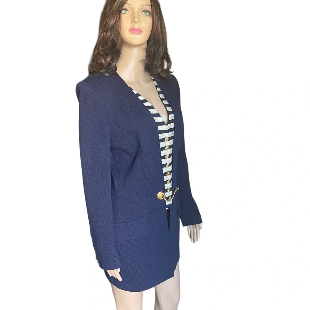 St. John collection Layered wool knit blue gold blazer/coat size 12 - Picture 2 of 16